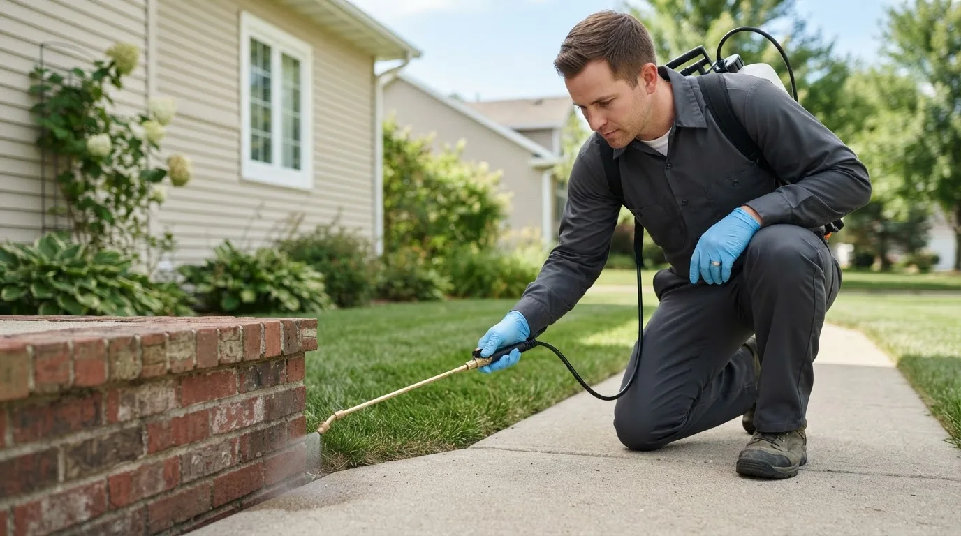 Pest control technician treating a home near Elvaston, IL