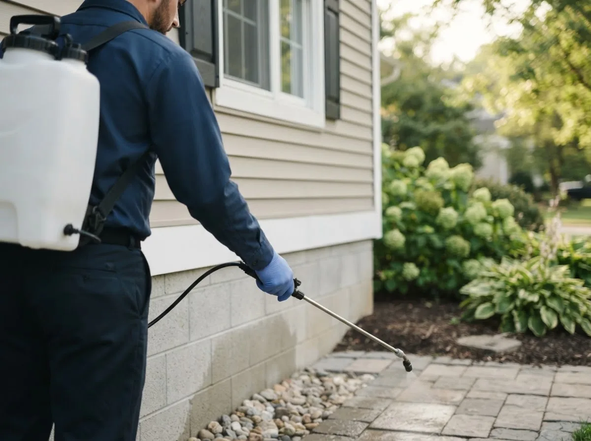 Pest control technician inspecting a home in Elvaston, IL